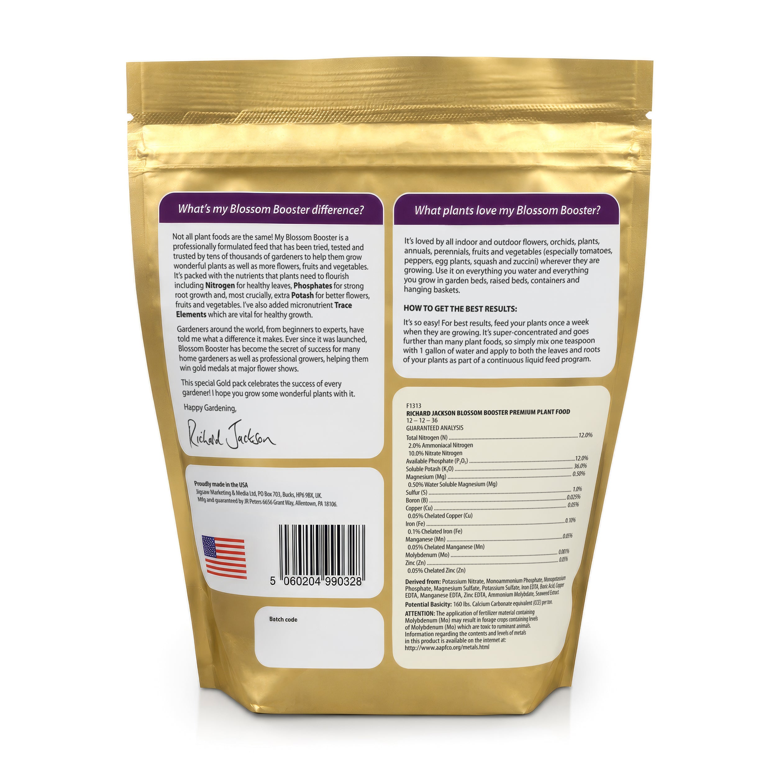 Richard Jackson Blossom Booster Premium Plant Food, 12-12-36 — High-Potash Water-Soluble Fertilizer for Bigger Blooms, Fruits & Vegetables